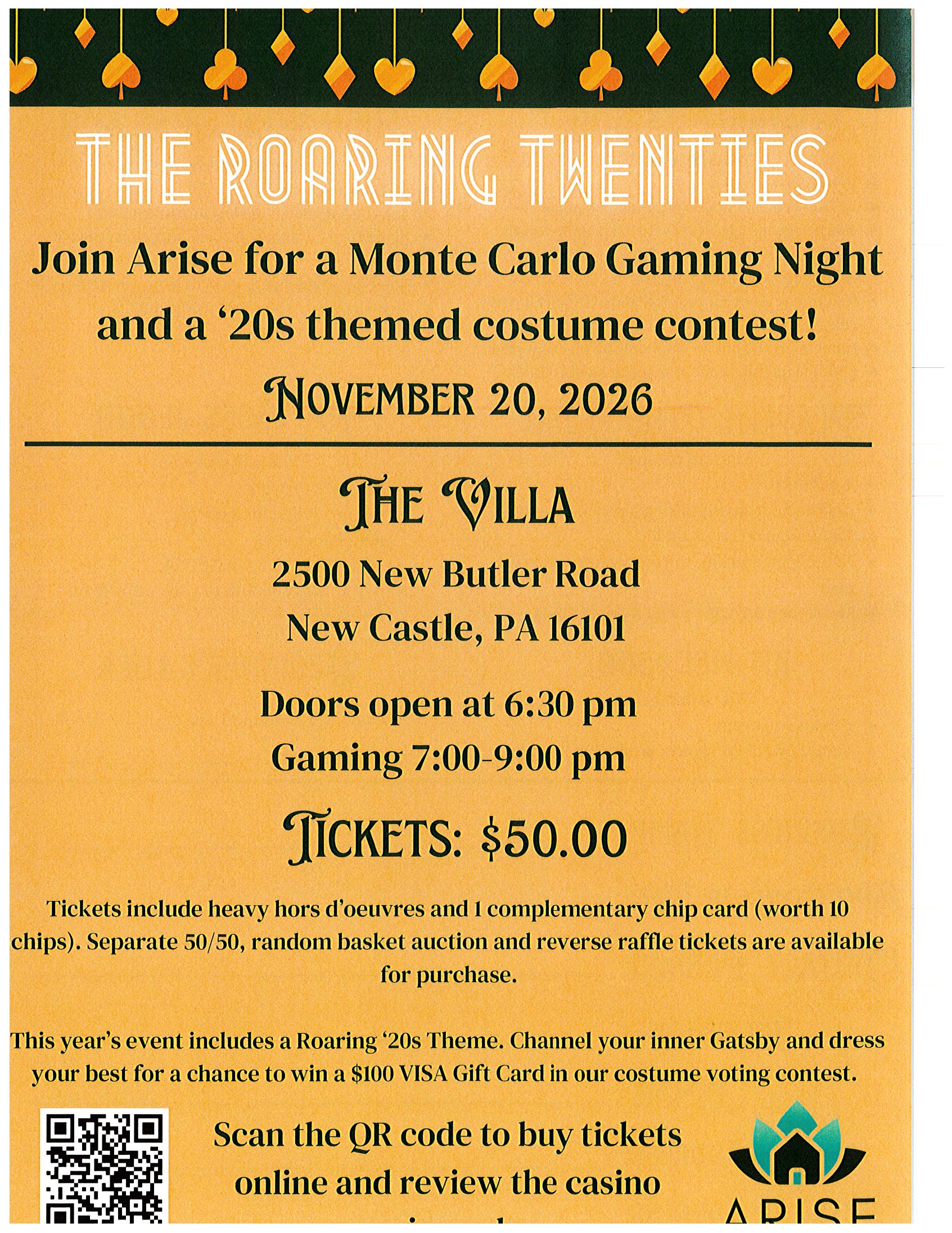 The Roaring Twenties MONTE CARLO Gaming Night – November 20, 2026- REGISTRATION